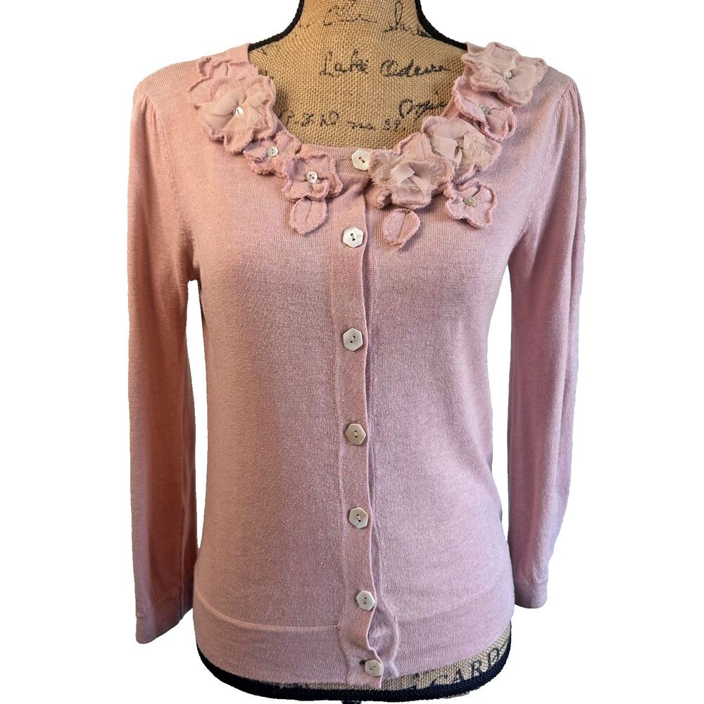 Laurie b. Pink Floral Applique Cotton/Cashmere Blend Long Sleeve Cardigan Sz S
